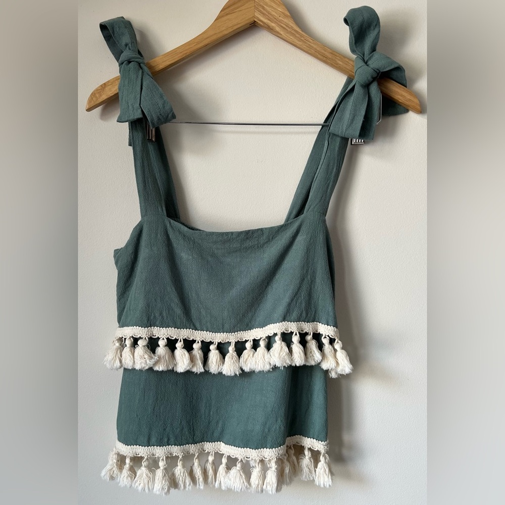entro Tiered Tassel Top Tie Straps Cotton Linen Olive Green Size S - Picture 2 of 8